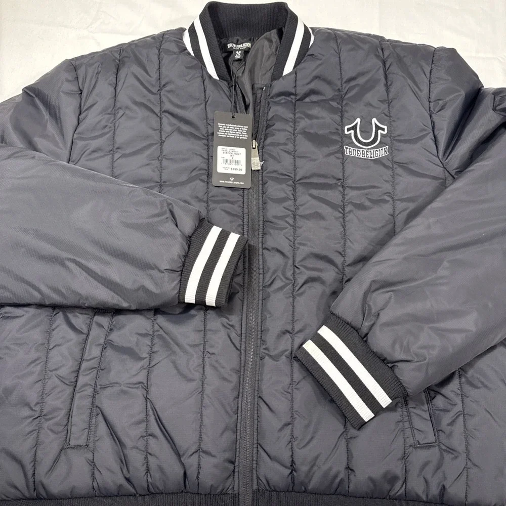 JACKET PUFFER True Religion MENS LRG BOMBER QUILTED COAT WHT TRIM NWT 107823